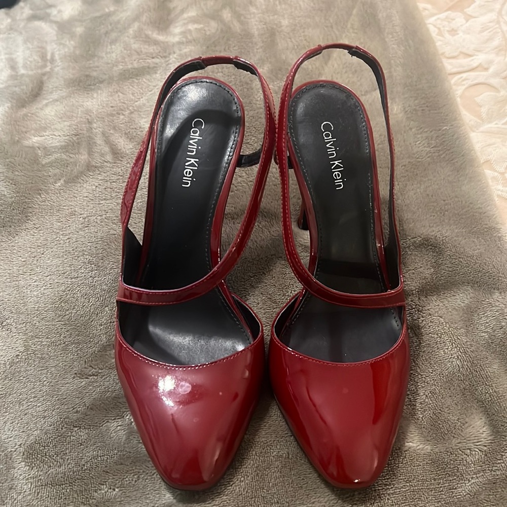 Red, patent leather slingbacks